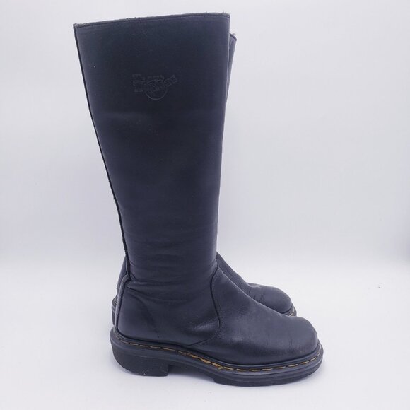 VTG Dr. Martens Tall Knee High Boots Black Leather Side Zip Made in England 6 - Picture 1 of 12